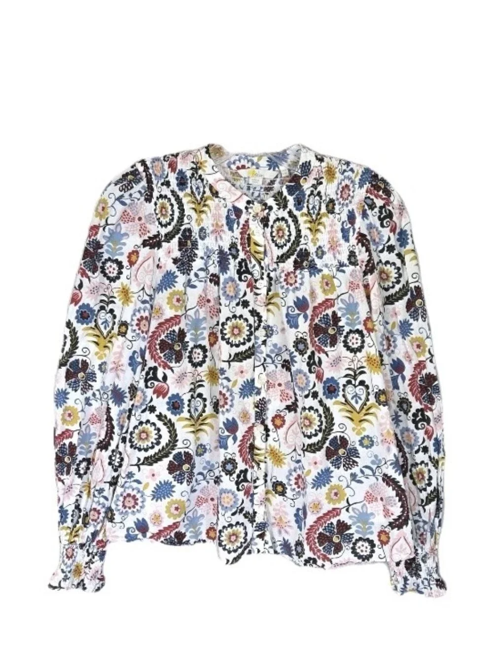 Boden Smocked Yoke Cotton Blouse Womens Size 6 Multi Ornamental Garden Print